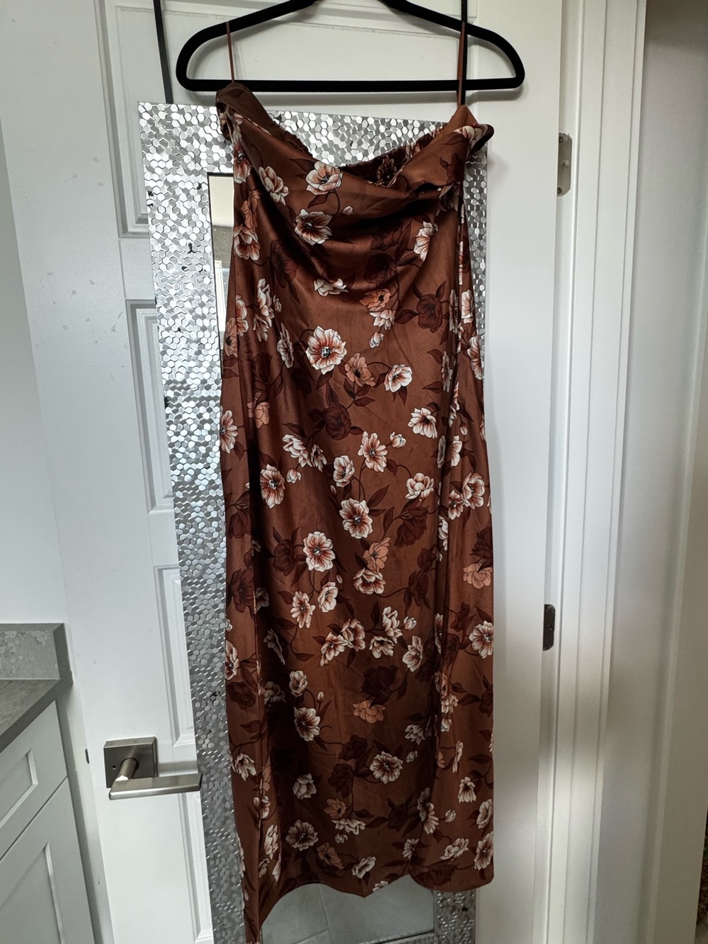 Brown Floral Satin Strapless Dress